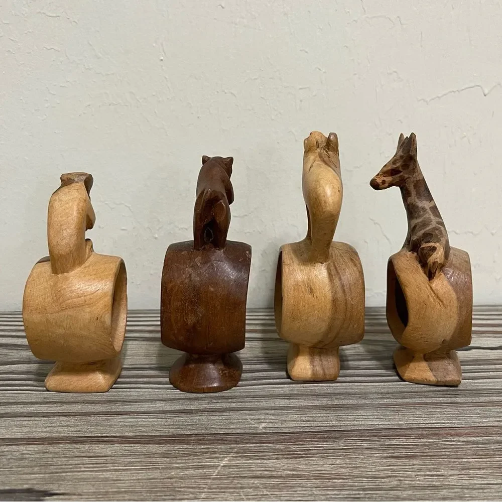 Wood Hand Carved Safari Animal Napkin Rings Monkey Giraffe Rustic Cabin Set of 4